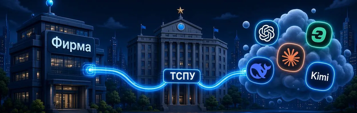 Иллюстрация: запрос фирмы идёт через ТСПУ в облако зарубежных моделей